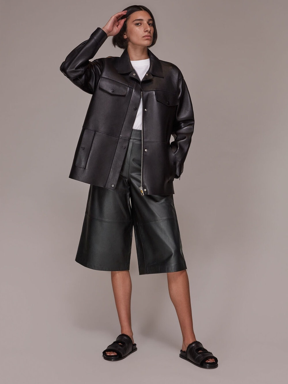 Black Sheepskin Leather Wide-Leg Cropped Pants 6 Culottes
